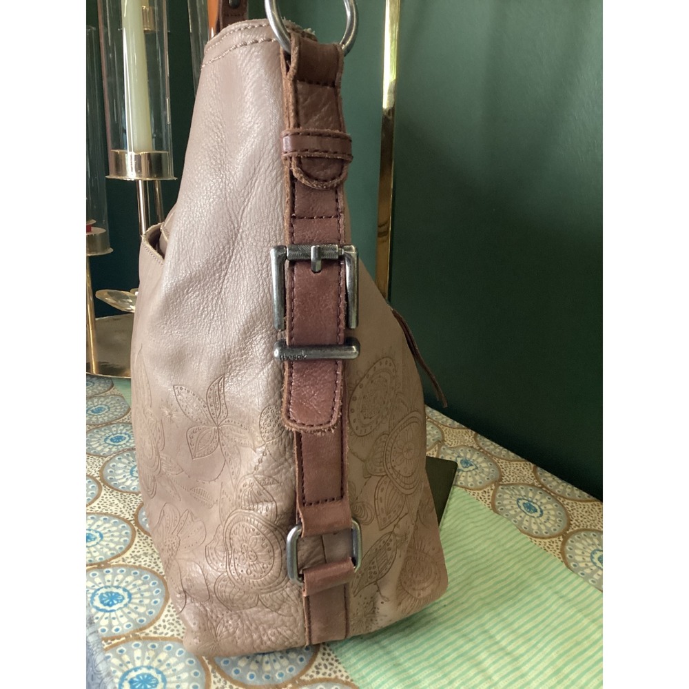 The Sak Leather Hobo Bag Taupe Embossed Floral Mandala Shoulder Bag Boho - Picture 4 of 8